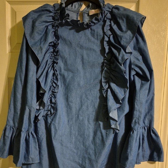 Blue Ruffled Long Sleeve Top - Picture 4 of 7